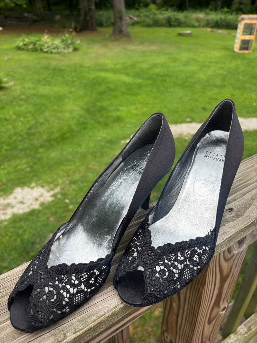 Stuart Weitzman Black Lace Peep-Toe Heels